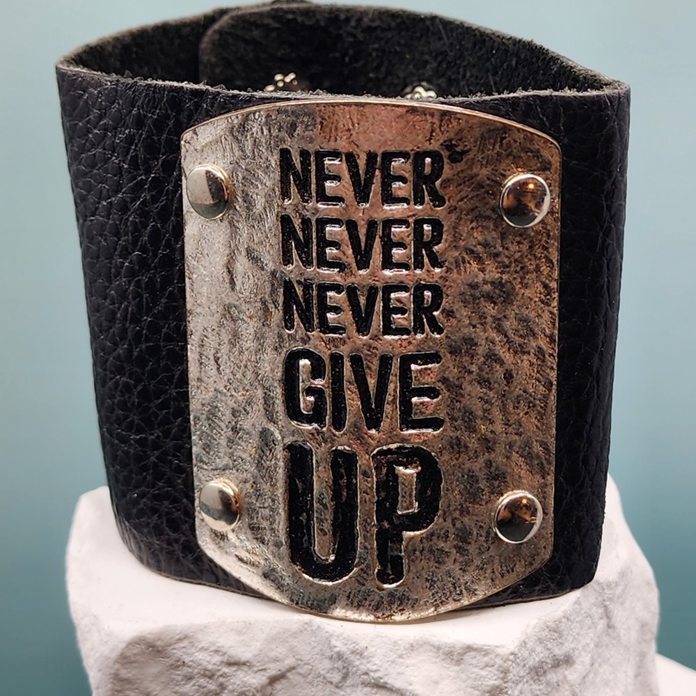 Black Faux Leather Cuff Bracelet Never Give Up Silver Tone Punk Goth Wide Snap